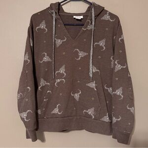 ARIAT All Over Print Western Steer Skull Graphic Vneck Pullover Hoodie Women Med